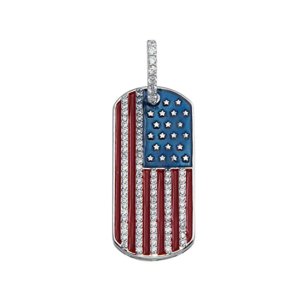 Rhodium Plated 925 Sterling Silver CZ American Flag Dog Tag Hip Hop Pendant - SLP00064. | Silver Palace Inc.