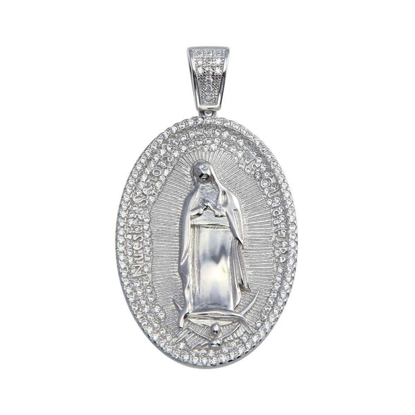 Rhodium Plated 925 Sterling Silver CZ Lady of Guadalupe Hip Hop Pendant - SLP00065. | Silver Palace Inc.