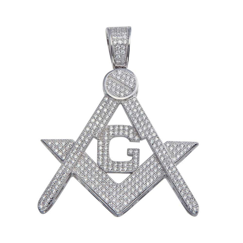 Rhodium Plated 925 Sterling Silver CZ Masonic Symbol Hip Hop Pendant - SLP00069. | Silver Palace Inc.