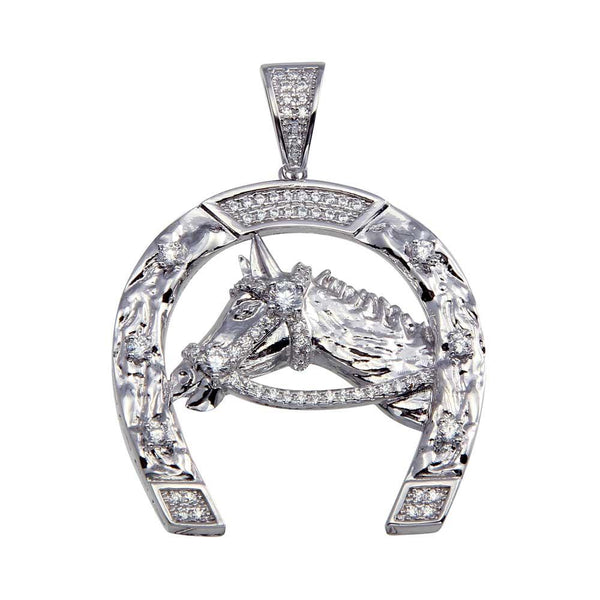 Rhodium Plated 925 Sterling Silver Horse and Horseshoe Hip Hop Pendant - SLP00073 | Silver Palace Inc.