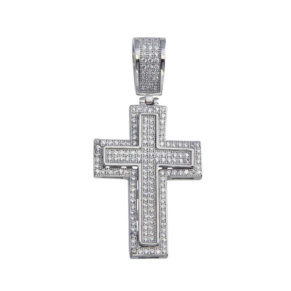 Rhodium Plated 925 Sterling Silver CZ Cross Bordered Hip Hop Pendant - SLP00075 | Silver Palace Inc.