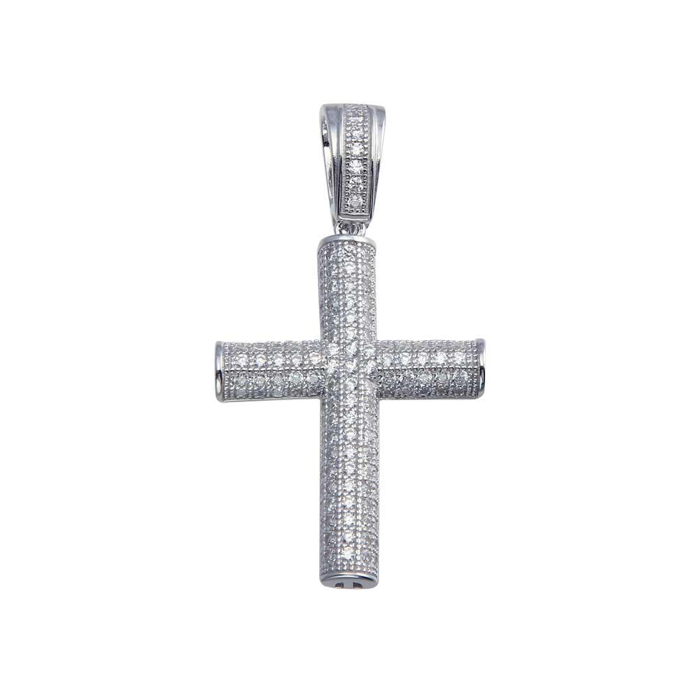 Rhodium Plated 925 Sterling Silver CZ Tube Cross Hip Hop Pendant - SLP00076 | Silver Palace Inc.