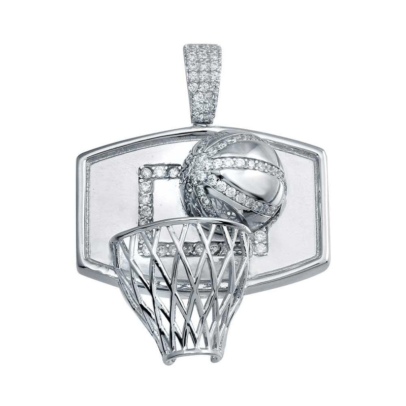 Rhodium Plated 925 Sterling Silver CZ Basketball Hoop Hip Hop Pendant - SLP00087. | Silver Palace Inc.