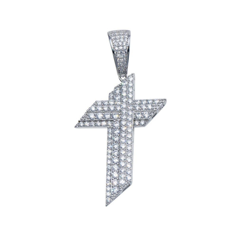 Rhodium Plated 925 Sterling Silver CZ Angled Cross Hip Hop Pendant - SLP00105 | Silver Palace Inc.