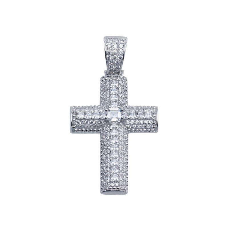 Rhodium Plated 925 Sterling Silver CZ Encrusted Cross Hip Hop Pendant - SLP00106 | Silver Palace Inc.