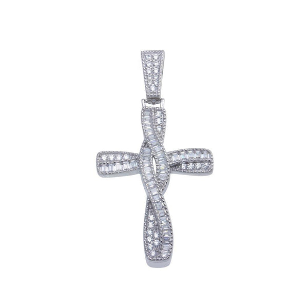 Rhodium Plated 925 Sterling Silver Twisted Cross Baguette CZ Hip Hop Pendant - SLP00108 | Silver Palace Inc.