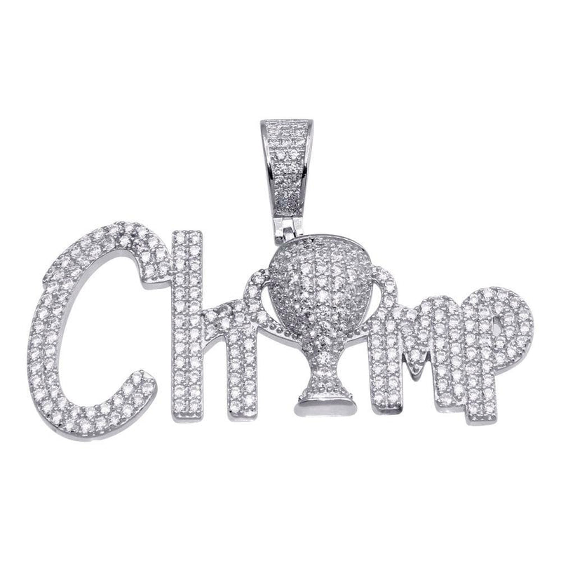 Rhodium Plated 925 Sterling Silver CZ Champ Hip Hop Pendant - SLP00166RH | Silver Palace Inc.
