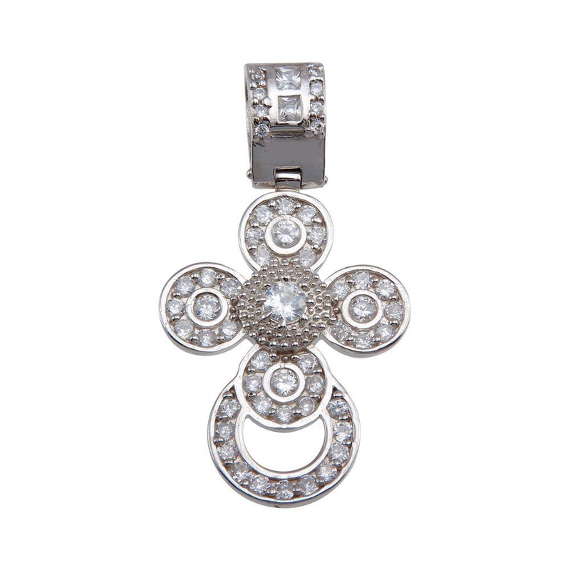 Rhodium Plated 925 Sterling Silver CZ Rounded Cross Hip Hop Pendant - SLP00168 | Silver Palace Inc.