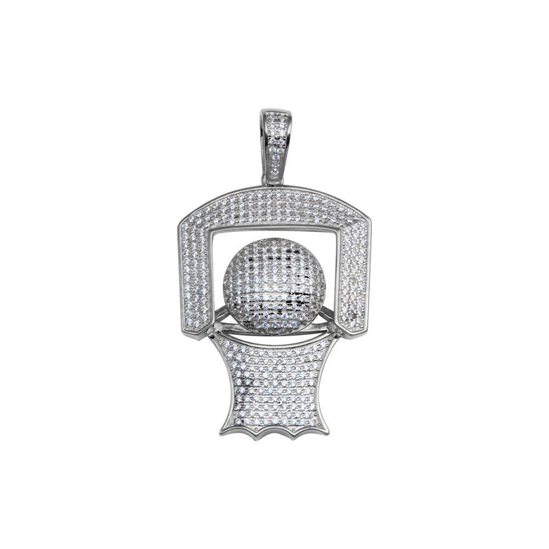 Rhodium Plated 925 Sterling Silver CZ Basketball Hoop Pendant - SLP00214RH | Silver Palace Inc.