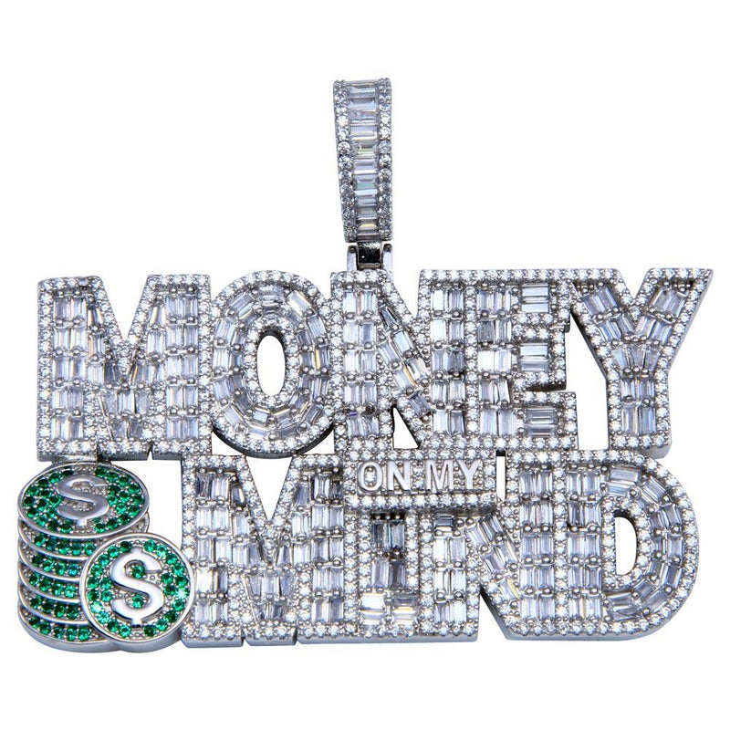 Rhodium Plated 925 Sterling Silver CZ MONEY ON MY MIND Hip Hop Pendant - SLP00242 | Silver Palace Inc.