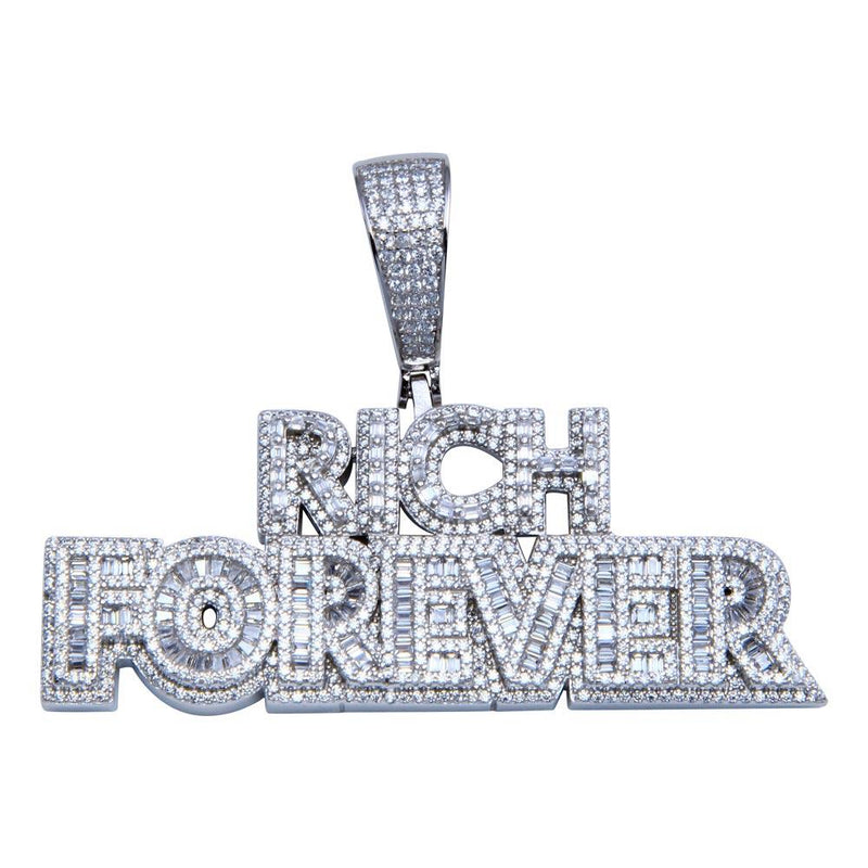 Rhodium Plated 925 Sterling Silver CZ FOREVER RICH Hip Hop Pendant - SLP00243 | Silver Palace Inc.