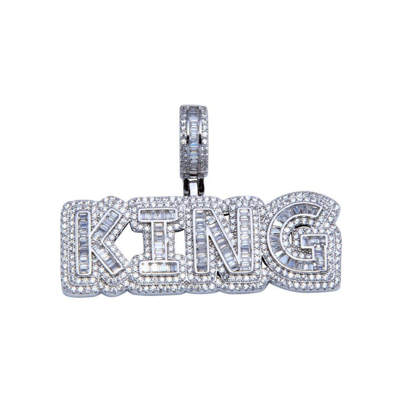 Rhodium Plated 925 Sterling Silver CZ KING Hip Hop Pendant - SLP00244 | Silver Palace Inc.