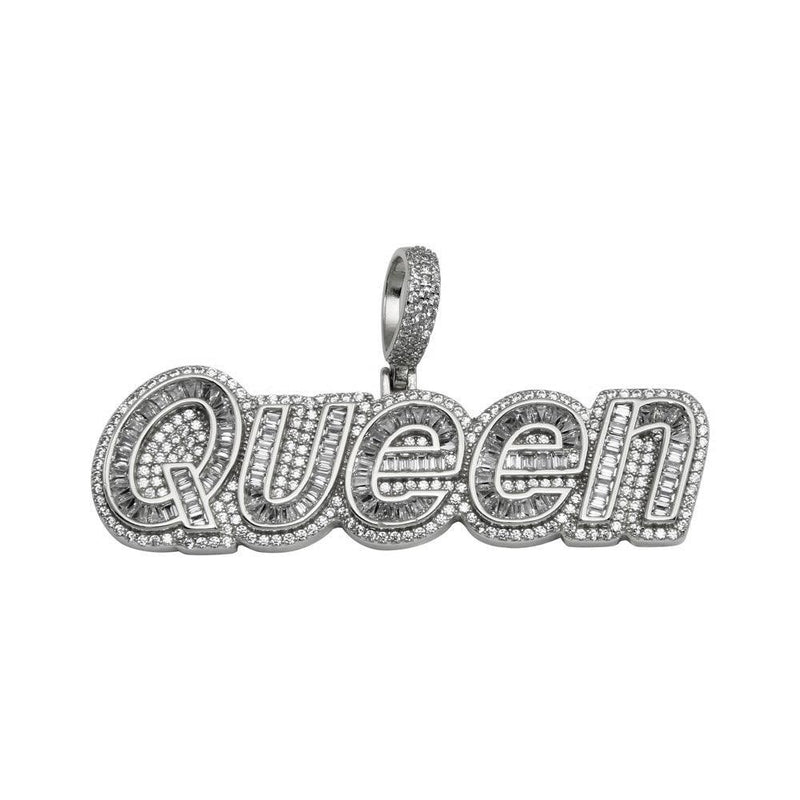 Rhodium Plated 925 Sterling Silver CZ QUEEN Hip Hop Pendant - SLP00248RH | Silver Palace Inc.