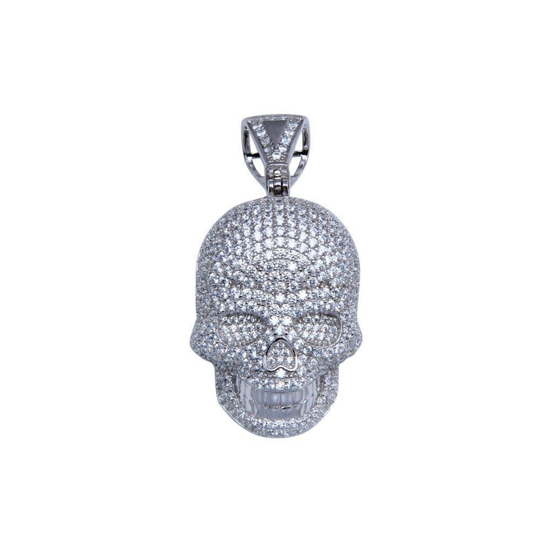 Rhodium Plated 925 Sterling Silver CZ Encrusted Skull Hip Hop Pendant - SLP00253 | Silver Palace Inc.