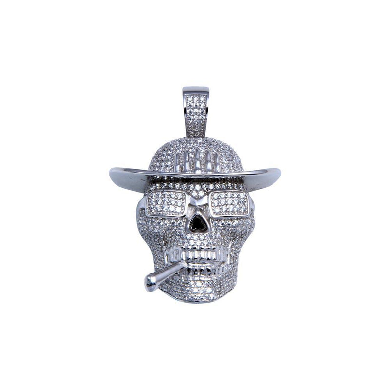 Rhodium Plated 925 Sterling Silver CZ Cowboy Skull Hip Hop Pendant - SLP00255 | Silver Palace Inc.