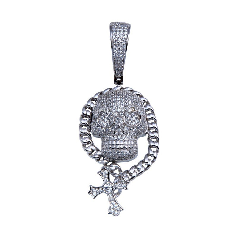 Rhodium Plated 925 Sterling Silver CZ Skull Hip Hop Pendant - SLP00256 | Silver Palace Inc.