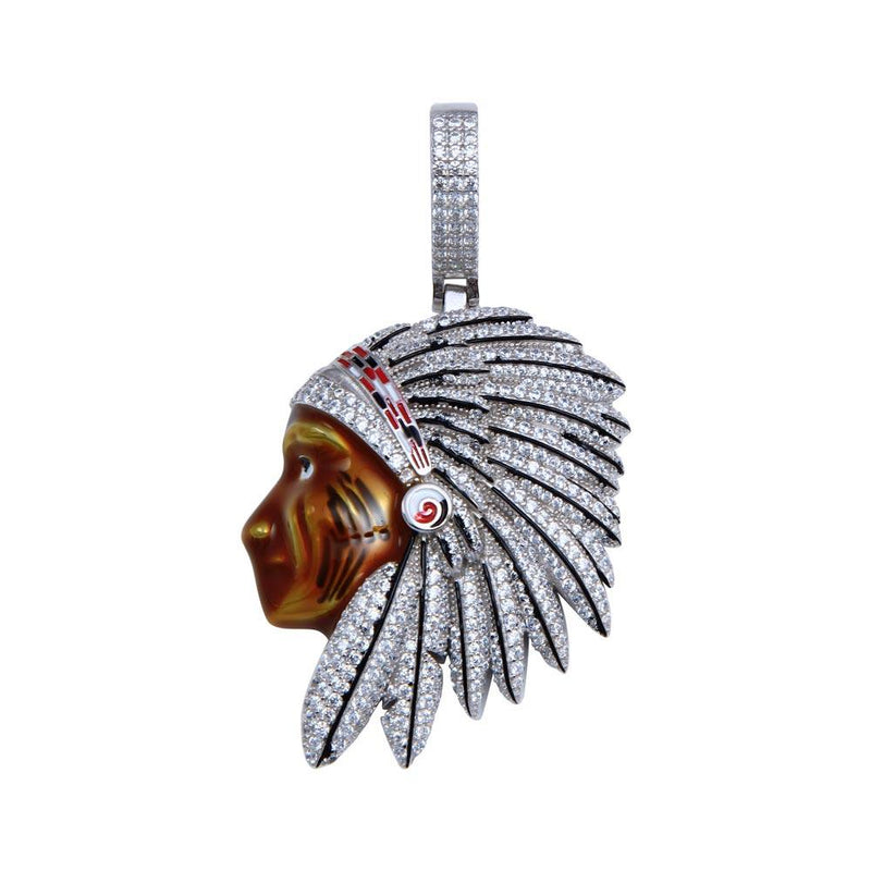 Rhodium Plated 925 Sterling Silver CZ Native Chief Hip Hop Pendant - SLP00257 | Silver Palace Inc.