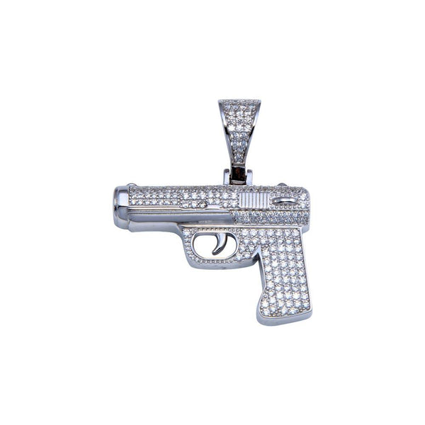 Rhodium Plated 925 Sterling Silver CZ Gun Hip Hop Pendant - SLP00261 | Silver Palace Inc.