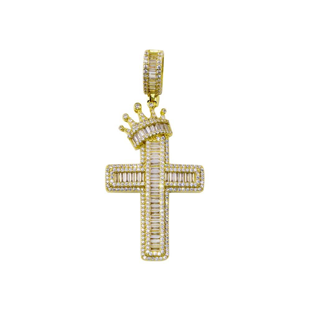 Silver 925 Gold Plated CZ Crown Cross Hip Hop Pendant - SLP00269GP | Silver Palace Inc.