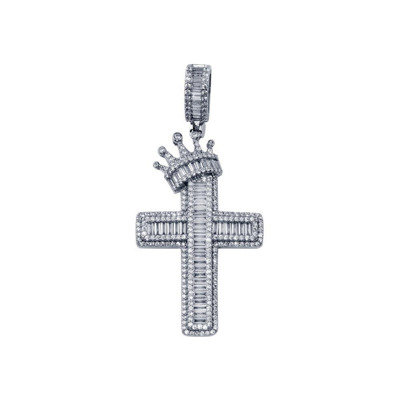 Rhodium Plated 925 Sterling Silver CZ  Crown Cross Hip Hop Pendant - SLP00269RH | Silver Palace Inc.