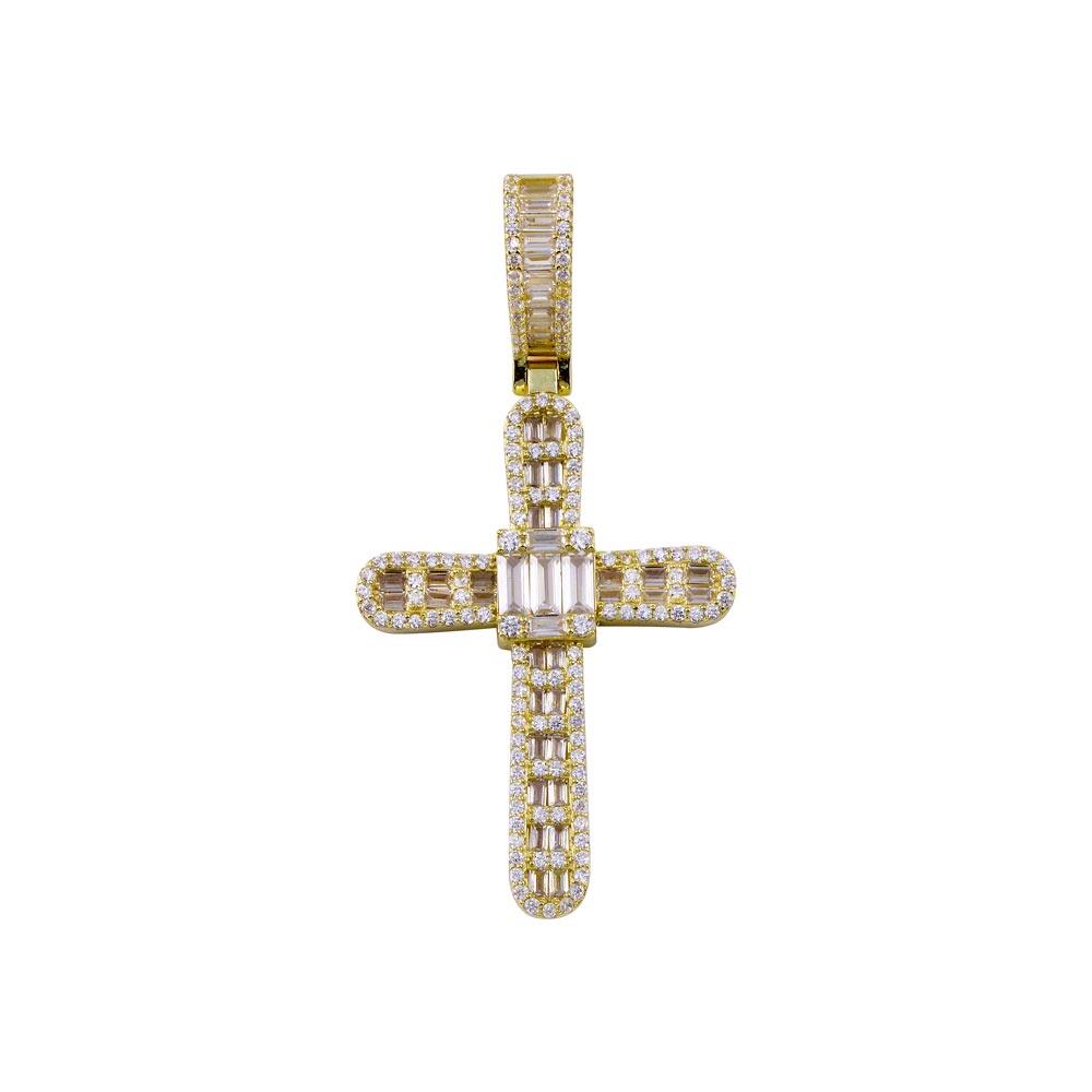 Silver 925 Gold Plated CZ Cross Hip Hop Pendant - SLP00270GP | Silver Palace Inc.