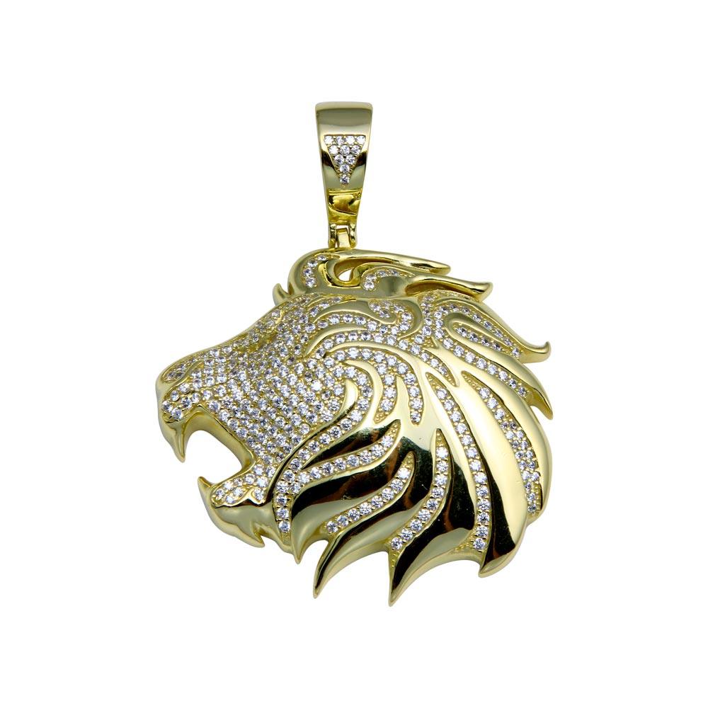 Silver 925 Gold Plated CZ Lion Hip Hop Pendant - SLP00275GP | Silver Palace Inc.
