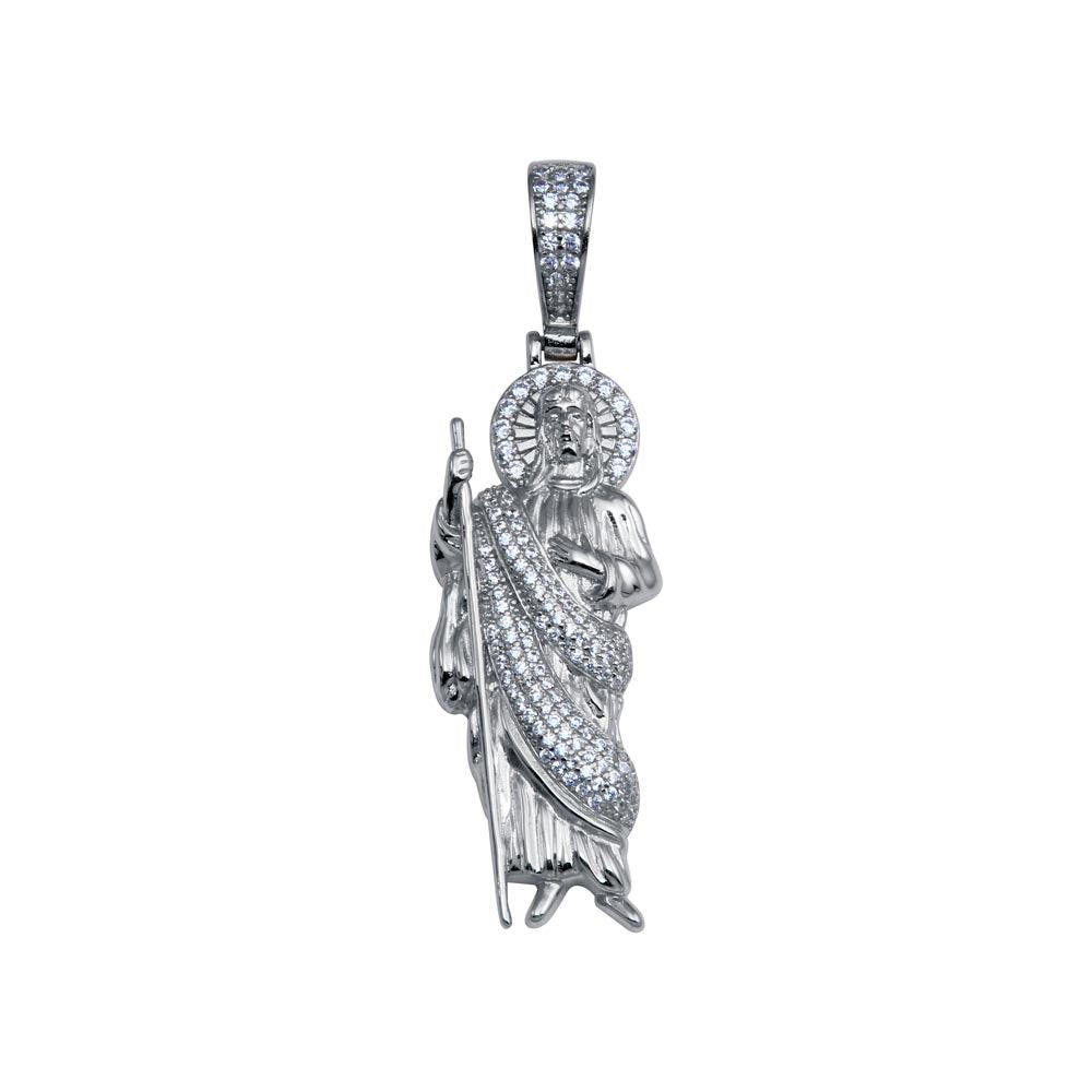 Rhodium Plated 925 Sterling Silver CZ St Jude Hip Hop Pendant - SLP00279RH | Silver Palace Inc.