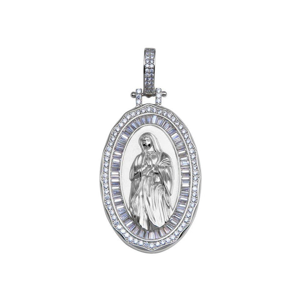 Rhodium Plated 925 Sterling Silver CZ Mary Hip Hop Pendant - SLP00280RH | Silver Palace Inc.
