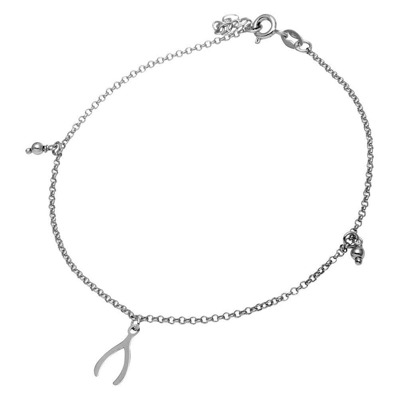 Silver 925 Rhodium Plated Wishbone and Bead Anklet - SOA00011 | Silver Palace Inc.