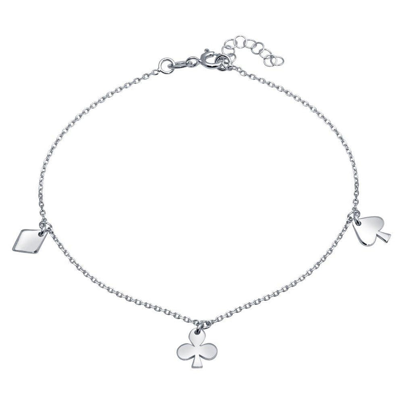 Silver 925 Rhodium Plated Diamond, Clover, and Spade Charm Anklet - SOA00017 | Silver Palace Inc.