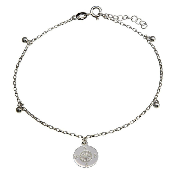 Rhodium Plated 925 Sterling Silver Compass Disc with Dangling Beads Anklet - SOA00024 | Silver Palace Inc.