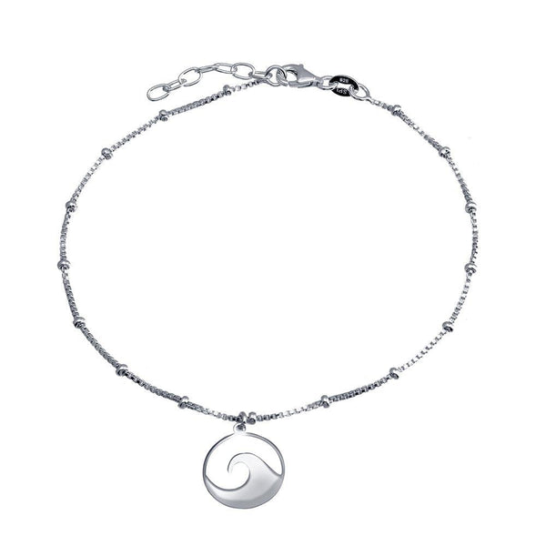 Rhodium Plated 925 Sterling Silver Disc Wave Design Beaded Box Chain Anklet - SOA00027 | Silver Palace Inc.
