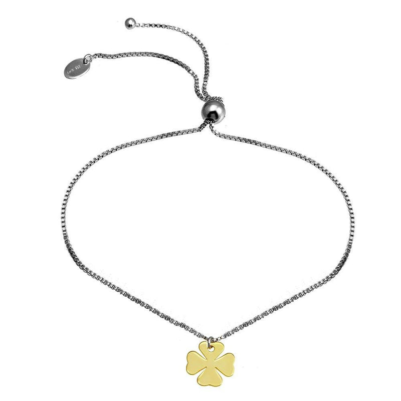 Rhodium Plated 925 Sterling Silver Lariat Bracelet with Gold Plated Clover Charm - SOB00003 | Silver Palace Inc.