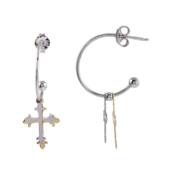 Silver 925 Two-Toned Semi-Hoop Cross Earrings - SOE00004 | Silver Palace Inc.