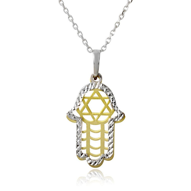 Silver 925 Gold and Rhodium Plated Hamsa with Star of David Symbol Necklace - SOP00005 | Silver Palace Inc.