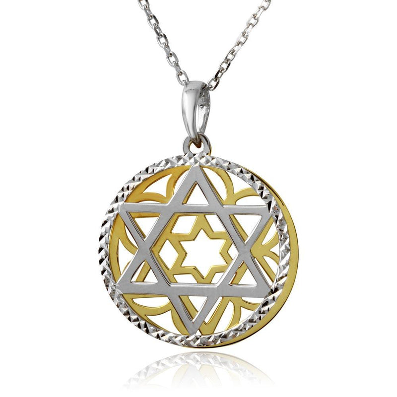 Silver 925 Gold and Rhodium Plated Star of David Medallion Necklace - SOP00009 | Silver Palace Inc.