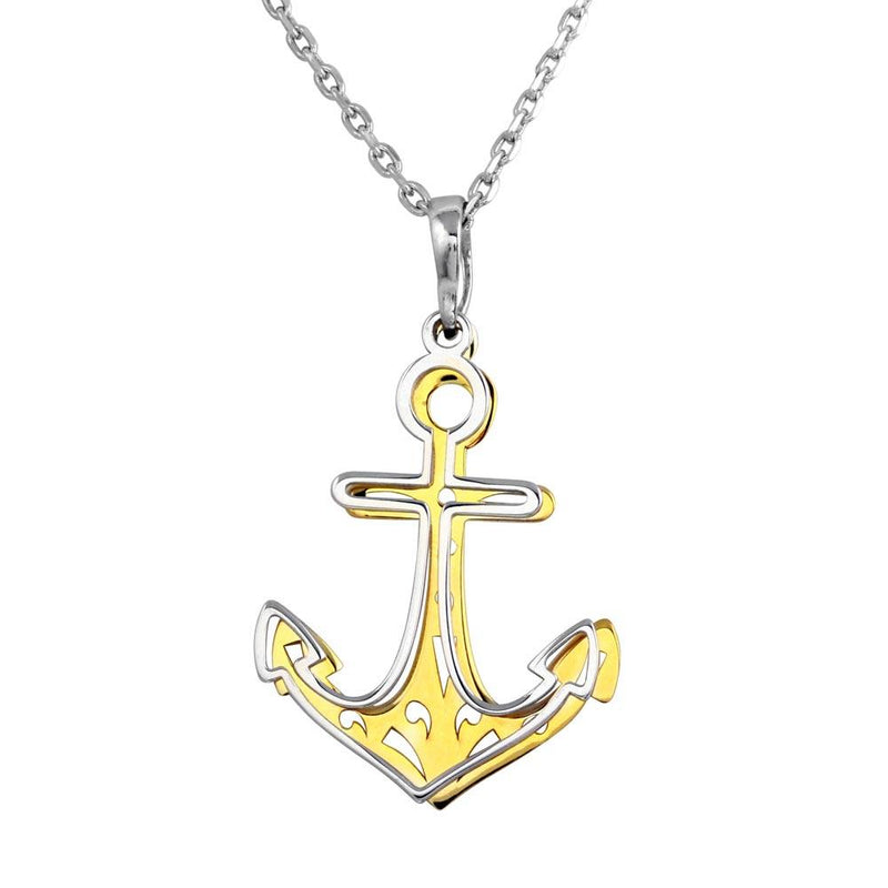 Silver 925 2 Toned Rhodium and Gold Plated Double Anchor Necklace - SOP00014 | Silver Palace Inc.