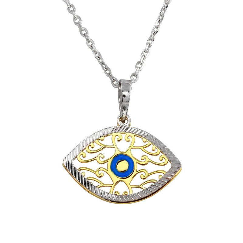 Silver 925 2 Toned Blue Enamel Center Double Eye Necklace - SOP00017 | Silver Palace Inc.