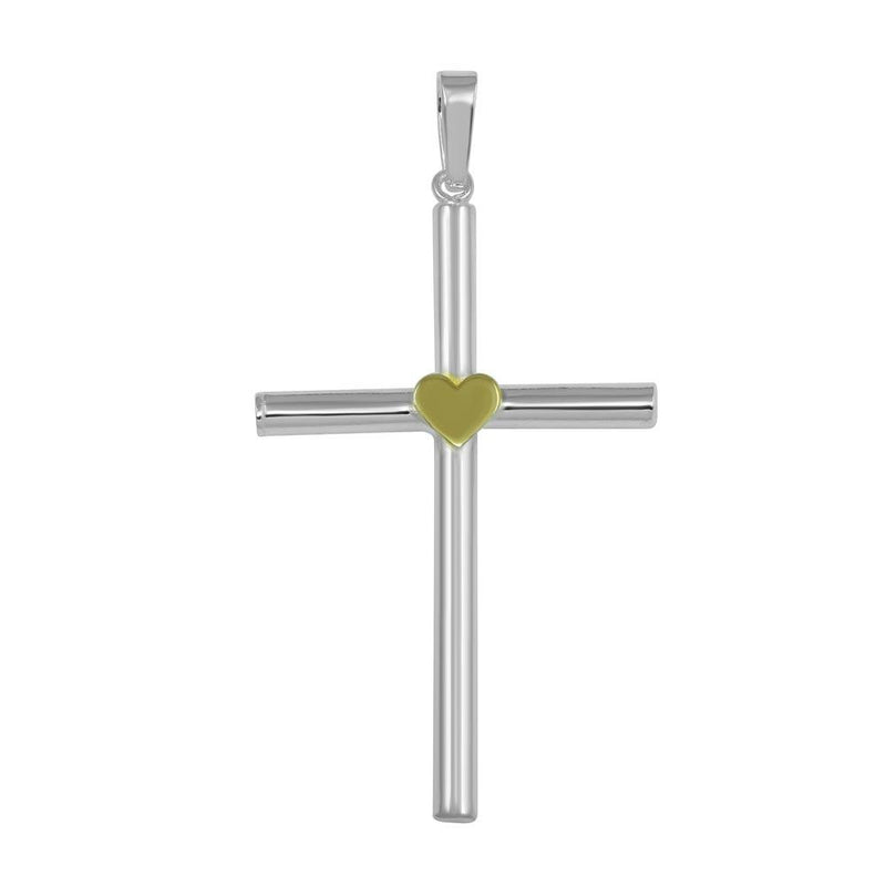 Silver 925 Silver Finish High Polished Large Cross Pendant with Gold Heart - SOP00033 | Silver Palace Inc.