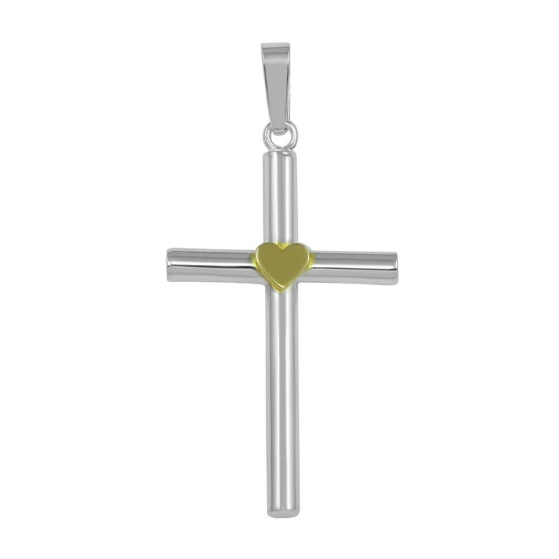 Silver 925 Silver Finish High Polished Small Cross Pendant with Gold Heart - SOP00034 | Silver Palace Inc.