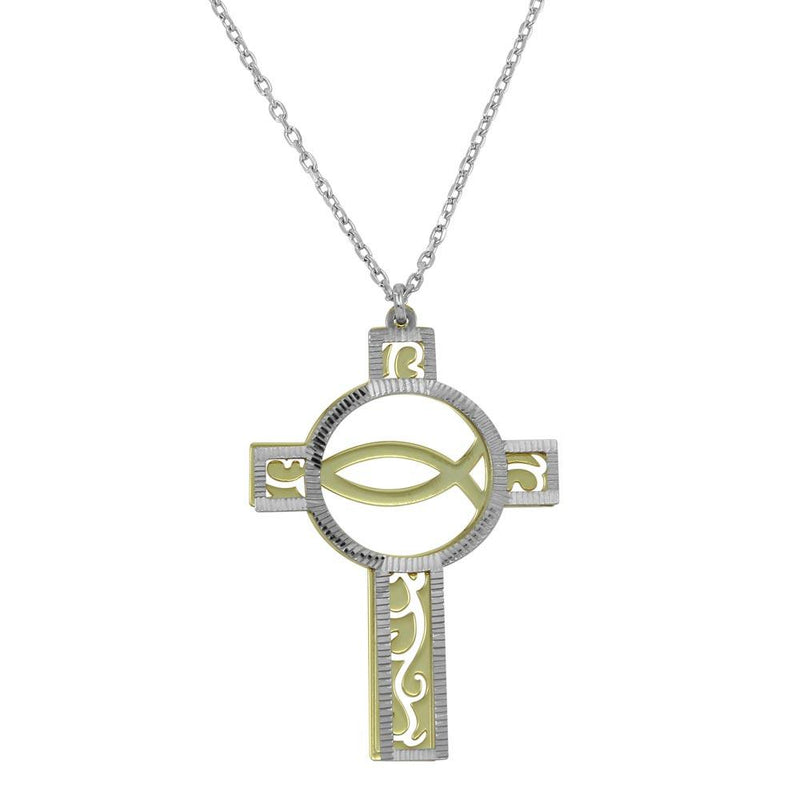 Silver 925 Two Tone Hold and Rhodium Plated Cross Pendant Necklace - SOP00046 | Silver Palace Inc.