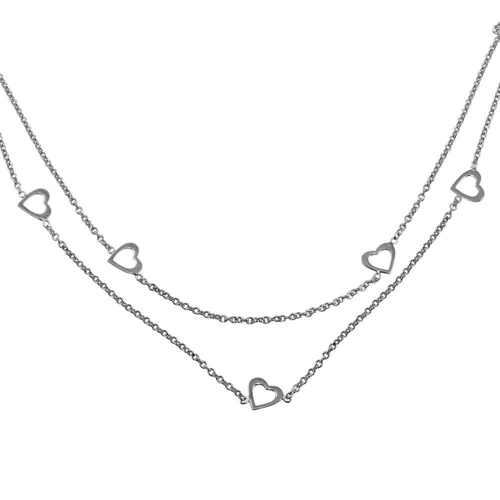 Silver 925 Rhodium Plated Double Chain Hearts Necklace SOP00058