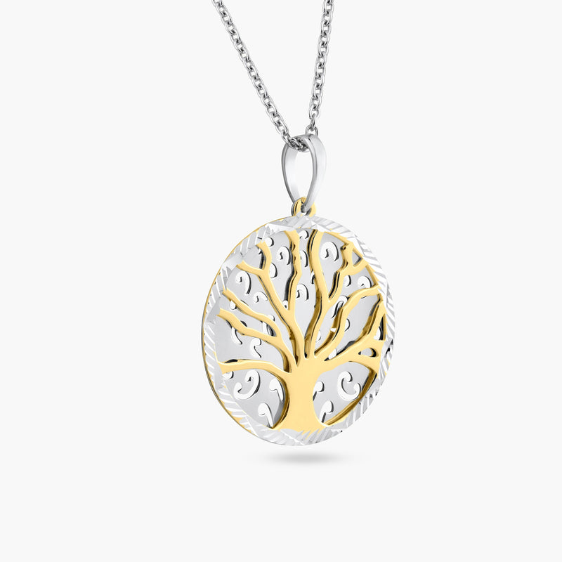 Silver 925 Two-Toned Round Tree Pendant Necklace - SOP00064