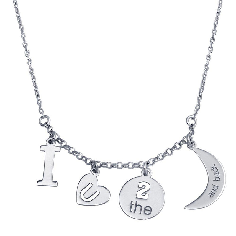 Silver 925 Rhodium Plated I LOVE U 2 Moon Back Charm Necklace - SOP00112 | Silver Palace Inc.