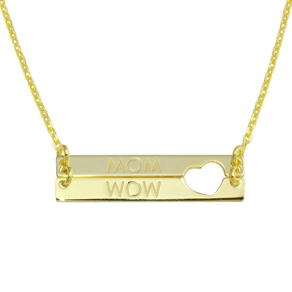 Silver 925 Gold Plated Bar Open Heart MOM Necklace - SOP00113 | Silver Palace Inc.