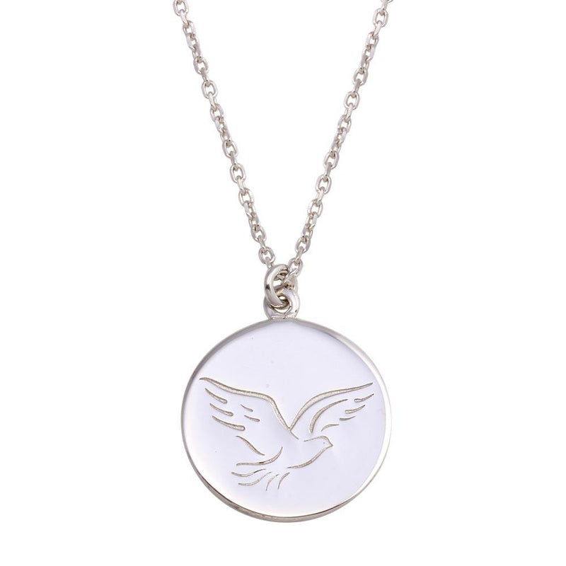 Silver 925 Rhodium Disc With Dove Words Necklace - SOP00129 | Silver Palace Inc.