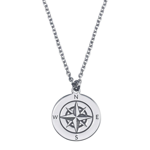Rhodium Plated 925 Sterling Silver Compass Engraved Disc Pendant Necklace - SOP00151 | Silver Palace Inc.
