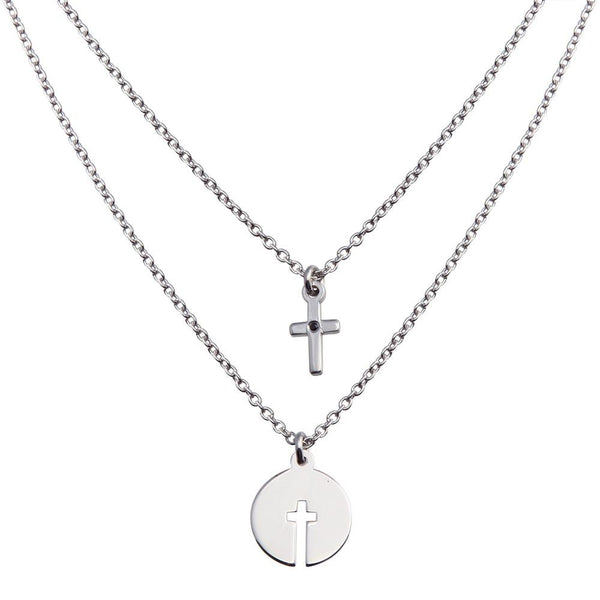 Rhodium Plated 925 Sterling Silver Cross and Cross Cutout Pendant Necklace - SOP00153 | Silver Palace Inc.