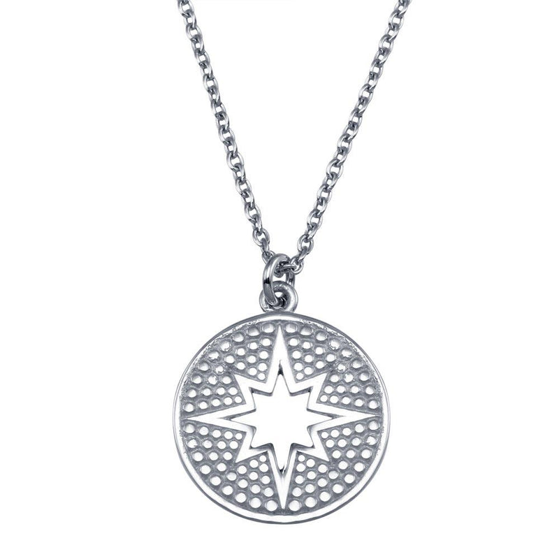 Rhodium Plated 925 Sterling Silver Star Cutout Disc Pendant Necklace - SOP00156