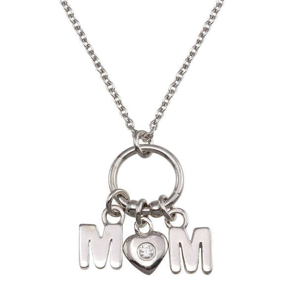 Rhodium Plated 925 Sterling Silver Mom Heart CZ Pendant Necklace - SOP00161 | Silver Palace Inc.